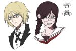  1boy 1girl bangs black_jacket blonde_hair blush braid brown_hair collarbone collared_shirt cropped_shoulders danganronpa:_trigger_happy_havoc danganronpa_(series) dress_shirt fukawa_touko glasses hair_between_eyes hohyomo jacket long_hair mole mole_under_mouth round_eyewear sailor_collar shirt sweat togami_byakuya twin_braids twintails white_sailor_collar white_shirt 