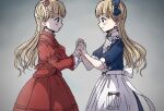  2girls apron blonde_hair blue_bow blue_dress blue_eyes blush bow center_frills chuchi closed_mouth commentary dress emilico_(shadows_house) flower frilled_apron frilled_sleeves frills from_side gradient gradient_background grey_background hair_bow hair_flower hair_ornament hair_ribbon highres holding_hands interlocked_fingers juliet_sleeves kate_(shadows_house) long_hair long_sleeves multiple_girls puffy_short_sleeves puffy_sleeves red_dress red_flower red_rose ribbon rose shadows_house short_sleeves smile spoilers two_side_up white_apron white_ribbon 