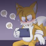  18_luciddemon absurd_res angry_eyes anthro blue_eyes blush canid canine cellphone clothing dreamatwrite ellipsis fox fur gloves handwear hi_res holding_object male mammal message_box miles_prower narrowed_eyes open_mouth phone sega shocked_expression simple_background smartphone solo sonic_the_hedgehog_(series) speech_bubble tails_gets_trolled video_games white_body white_fur yellow_body yellow_fur 