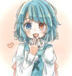  1girl blue_eyes blue_hair blush heterochromia highres jewelry juliet_sleeves karakasa_obake long_sleeves multiple_rings open_mouth puffy_sleeves red_eyes ribbon ring salt_(seasoning) short_hair sleeve_ribbon smile solo tatara_kogasa touhou umbrella upper_body 