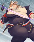  absurd_res anthro big_moobs blush cervid clothing cutting_clothing embarrassed hi_res horn kazusa male mammal moobs nameko_no_neko nipples overweight solo tamacolle torn_clothing 