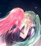  2girls absurdres black_vest collared_shirt crying crying_with_eyes_open dress_shirt floating_hair green_eyes green_hair hatsune_miku highres long_hair looking_at_another megurine_luka multiple_girls nail_polish parted_lips pink_hair red_nails samuine8 shiny shiny_hair shirt smile tears twintails very_long_hair vest vocaloid white_shirt wing_collar 