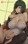  1girl araneesama bare_shoulders black_choker black_panties breasts chainsaw_man chair choker cleavage covered_nipples elbow_sleeve eyepatch green_eyes green_hair highres himeno_(chainsaw_man) large_breasts panties see-through sitting solo strap_slip tank_top thighhighs underwear white_tank_top window 