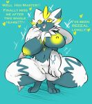  &lt;3 &lt;3_eyes 2022 3_fingers 3_toes absurd_res anthro areola big_breasts blue_body blue_markings blue_skin breasts cheek_tuft chest_markings claws crouching dialogue digitigrade english_text facial_tuft feet felid female fingers fur generation_7_pokemon genitals hi_res leg_markings legendary_pokemon mammal markings navel nintendo nipples open_mouth plantedpot pokemon pokemon_(species) pussy shiny_pokemon solo sparkles text thick_thighs toes tuft video_games whiskers white_body white_fur yellow_areola yellow_markings yellow_nipples yellow_pussy yellow_sclera zeraora 