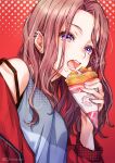  1girl blue_shirt brown_hair crepe ear_piercing earrings food food_on_face highres holding holding_food jewelry long_hair long_sleeves looking_at_viewer open_mouth original piercing piroshiki123 purple_eyes red_background shiny shiny_hair shirt sleeveless sleeveless_shirt solo sparkle straight_hair strap_slip twitter_username upper_body 