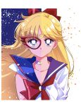  1girl aino_minako bangs bishoujo_senshi_sailor_moon blonde_hair blue_eyes blue_sailor_collar bow crescent crescent_choker crescent_facial_mark domino_mask facial_mark forehead_mark hair_bow highres long_hair long_sleeves mask neckerchief pochi_(askas_is_god) red_bow red_neckerchief sailor_collar sailor_v school_uniform serafuku shiba_koen_middle_school_uniform shirt shoulder_pads smile solo white_shirt 