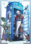  1boy 1other bird bishounen black_footwear book commentary commentary_request full_body gloves highres holding ladder long_sleeves male_focus open_mouth original outdoors pants penguin phone phone_booth rezia shirt white_gloves white_hair white_pants 