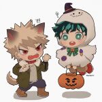  2boys ? bakugou_katsuki blonde_hair boku_no_hero_academia boots bow bright_pupils brown_footwear brown_pants bucket chibi claws collar commentary_request fangs floating freckles full_body fur-trimmed_jacket fur_trim gaagyeo ghost_costume green_bow green_eyes green_hair green_jacket halloween halloween_bucket halloween_costume highres holding holding_bucket hood hood_up jacket kemonomimi_mode korean_commentary long_sleeves looking_at_another male_focus midoriya_izuku multiple_boys open_clothes open_jacket open_mouth pants red_collar red_eyes shirt shoes short_hair simple_background spiked_hair standing tail twitter_username white_background white_pupils white_shirt wolf wolf_boy wolf_tail 