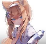  animal_ears blonde_hair blue_archive blue_eyes bottle cat_ears flower hair_flower hair_ornament hairband hand_on_own_chest highres logiclr long_hair mari_(blue_archive) mari_(gym_uniform)_(blue_archive) sidelocks simple_background smile water_bottle 