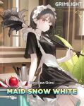  1girl alternate_costume apple apron bangs brown_eyes brown_hair cafe collar duster english_commentary enmaided food fruit grimlight looking_at_viewer maid maid_headdress menu_board official_alternate_costume official_art one_eye_closed short_hair snow_white_(grimlight) solo white_apron 