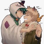  2boys all_might animal_ears bakugou_katsuki blonde_hair blush boku_no_hero_academia bow candy chain closed_mouth collar commentary_request eye_contact fang food foodification freckles fur-trimmed_jacket fur_trim gaagyeo ghost_costume green_bow green_eyes green_hair green_jacket halloween halloween_costume hand_on_another&#039;s_shoulder highres holding holding_candy holding_food hood hood_up jacket kemonomimi_mode korean_commentary korean_text long_sleeves looking_at_another male_focus midoriya_izuku multiple_boys official_alternate_costume open_clothes open_jacket open_mouth red_collar red_eyes scar scar_on_hand shirt short_hair simple_background spiked_hair translation_request twitter_username upper_body white_background white_shirt wolf_boy wolf_ears yaoi 