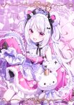  1girl absurdres animal_ears bear_ears bow bowtie breasts commentary crown detached_sleeves dress fangs frills highres indie_virtual_youtuber kumomo_36 long_hair looking_at_viewer pink_dress pink_eyes purple_bow shirokuma_rin sleeves_past_fingers sleeves_past_wrists smile solo stuffed_animal stuffed_toy teddy_bear virtual_youtuber white_hair 