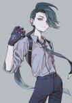  1girl androgynous bangs black_gloves black_necktie black_pants blue_hair bright_pupils buttons collared_shirt contrapposto cowboy_shot ear_piercing earrings elemoncake from_side gloves grey_background grey_shirt hand_on_hip hand_up highres holding holding_poke_ball jaggy_lines jewelry long_hair looking_at_viewer low_ponytail necktie pants piercing poke_ball pokemon pokemon_(game) pokemon_sv red_eyes reverse_trap rika_(pokemon) serious shirt simple_background solo standing swept_bangs white_pupils 