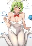  1girl absurdres bow bowtie breasts clothes_pull green_eyes green_hair heart highres komeiji_koishi nagomian pantyhose playboy_bunny pulled_by_self red_bow red_bowtie sitting smile solo touhou white_background white_footwear white_pantyhose 