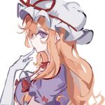  1girl blonde_hair breasts finger_to_mouth from_side gloves hat hat_ribbon highres large_breasts long_hair mob_cap purple_eyes purple_shirt red_ribbon ribbon shindiyue shirt short_sleeves simple_background solo touhou white_background white_gloves white_headwear yakumo_yukari 