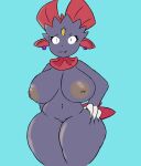  2022 absurd_res anthro areola barely_visible_genitalia big_breasts blue_background blue_body blue_fur breasts brown_nipples cute_fangs ear_piercing female forehead_gem fur generation_4_pokemon genitals hi_res inverted_nipples navel nintendo nipples piercing plantedpot pokemon pokemon_(species) pussy red_body red_fur simple_background solo thick_thighs video_games weavile 