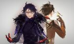  2boys bird bird_on_hand black_gloves black_hair black_shirt blood blood_on_face blood_on_hands brown_hair coat coat_on_shoulders fur-trimmed_coat fur_trim genshin_impact glasses gloves grey_background hair_between_eyes highres long_hair long_sleeves male_focus multicolored_hair multiple_boys pantalone_(genshin_impact) parted_lips purple_hair sgat shirt simple_background upper_body zhongli_(genshin_impact) 