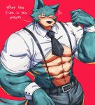  2022 abs anthro barazoku beastars belt biceps big_muscles blush bodily_fluids bottomwear canid canine canis clothed clothing crop_top cross-popping_vein dialogue dress_shirt english_text eyes_closed fur hi_res huge_muscles legoshi_(beastars) male mammal muscular muscular_anthro muscular_male navel necktie obliques pants pecs pink_background profanity scar shirt simple_background solo standing suspenders sweat teseirei text topwear tuft wolf 