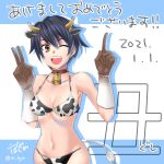  1girl 2021 :d animal_ears animal_print artist_name bell bikini black_hair blue_background breasts brown_collar brown_eyes brown_gloves chinese_zodiac cleavage collar collarbone commentary cow_ears cow_girl cow_horns cow_print cowbell cowboy_shot dated drop_shadow elbow_gloves gloves groin happy_new_year horns index_finger_raised izumi_hajimu looking_at_viewer medium_breasts megido72 midriff navel neck_bell one_eye_closed open_mouth short_hair signature smile solo standing swimsuit teeth tomboy translated twitter_username upper_teeth v w_arms white_background year_of_the_ox zagan_(megido72) 