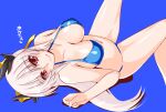  1girl bangs bare_arms bare_legs bikini blue_background blue_bikini breasts cleavage closed_mouth covered_navel engo_(aquawatery) fate/grand_order fate_(series) hair_between_eyes kiyohime_(fate) large_breasts long_hair looking_at_viewer lying navel on_back red_eyes shiny shiny_hair shiny_skin simple_background sketch smile solo swimsuit very_long_hair white_hair 