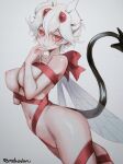  1girl absurdres beelzebub_(helltaker) breasts closed_mouth demon_girl demon_tail gradient gradient_background grey_background hair_between_eyes helltaker highres horns large_breasts looking_at_viewer naked_ribbon navel nipples noah_(tettsui-sole) nude red_eyes ribbon short_hair solo tail thighs twitter_username white_hair white_horns 