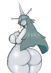  2022 anthro areola atherol big_breasts big_butt breasts butt celesteela female generation_7_pokemon green_hair hair hair_over_eye hand_on_breast hi_res horn long_hair looking_back nintendo nude one_eye_obstructed pokemon pokemon_(species) simple_background smile solo ultra_beast video_games white_background white_body white_skin 