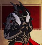  anthro armor artist_name black_armor black_body black_scales clothed clothing dragon glistening glistening_eyes grey_horn grin half-length_portrait hand_on_chest hi_res horn kardinaluz male portrait pupils red_eyes ridged_horn scales shadowwolfhunter sharp_teeth shoulder_pads simple_background slit_pupils smile solo teeth 
