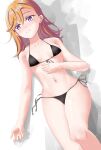  1girl bangs bare_arms bare_legs bikini black_bikini blush breasts brown_hair cleavage closed_mouth collarbone from_above front-tie_bikini_top front-tie_top groin hair_between_eyes highres long_hair love_live! love_live!_superstar!! lying navel on_back purple_eyes shibuya_kanon shiny shiny_hair side-tie_bikini_bottom sideboob small_breasts solo straight_hair swimsuit tsmkn26 underboob untied untied_bikini white_background 