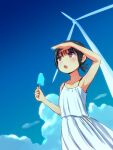  1girl black_hair blue_sky cloud dress food holding ice_cream igamushi4848 open_mouth original popsicle red_eyes ringed_eyes short_ponytail sky sleeveless solo summer sundress sweat upper_body white_dress wind_turbine 