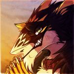  1:1 anthro artist_name black_body black_fur bust_portrait cheek_tuft chin_tuft claws collar facial_tuft finger_claws fur green_eyes grin kardinaluz looking_at_viewer low_res male portrait pupils sergal shadowwolfhunter simple_background slit_pupils smile solo tuft white_body white_claws white_fur 