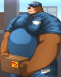  2022 4:5 anthro belly blue_clothing blue_headwear blue_topwear box brown_arms brown_body brown_fingers brown_fur brown_hands clothed clothing container fingers fully_clothed fur headgear headwear hi_res holding_box holding_container holding_object japanese_text male mammal nullraihigi overweight overweight_anthro text topwear translation_request ursid 