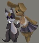 2022 anthro artemisia_(dollstaff) bottomwear breasts clothed clothing duo eyelashes eyeshadow female festeringfungus frown hand_on_head hi_res inner_ear_fluff lagomorph leporid makeup mammal purple_eyes purple_eyeshadow rabbit simple_background size_difference skirt smile spiral_eyes tuft unknown_species 