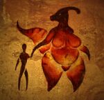  ambiguous_gender anthro belly big_belly big_breasts breasts cave_painting digital_media_(artwork) dinosaur duo female hand_holding hi_res human larger_female mammal mature_female navel non-mammal_breasts nude orange_body overweight reptile scalie side_by_side size_difference thick_thighs upai wide_hips 