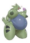 anthro areola biped bodily_fluids breasts condom eyelashes fangs female generation_2_pokemon genital_fluids genitals glistening glistening_body green_body grey_body hi_res holding_condom holding_object im51nn5 looking_at_viewer nintendo nipples open_mouth pokemon pokemon_(species) pussy pussy_juice sexual_barrier_device simple_background slightly_chubby solo tyranitar video_games white_background 