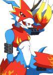  absurd_res anthro armor athletic athletic_anthro athletic_male bandai_namco belt blue_body digimon digimon_(species) flamedramon hi_res horn male red_eyes sasaki_sue small_waist solo 