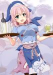  1girl alcohol animal_hood apron beer_glass blue_shirt breasts cup glass holding holding_tray hood kurenaidahlia okunoda_miyoi pink_hair sakazuki sake shark_hood shirt short_hair smile solo touhou tray 