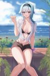  1girl :d alternate_costume arm_support bare_legs bikini black_bikini black_hairband black_shorts blue_hair blue_sky breasts brown_eyes cloud commentary cup cupping_glass day dealesis drinking_straw eula_(genshin_impact) feet_out_of_frame genshin_impact hairband hand_up highres holding holding_cup knees_together_feet_apart large_breasts long_hair looking_at_viewer navel open_fly outdoors purple_scrunchie scrunchie shirt short_shorts short_sleeves shorts sitting sky smile solo stomach swimsuit thighs tied_shirt white_shirt wrist_scrunchie 