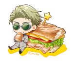  1boy alternate_eye_color blonde_hair blue_eyes blue_shirt bread cheese chibi eating food food_on_face formal full_body goggles grey_jacket grey_pants grey_suit holding holding_food jacket jin_akhr jujutsu_kaisen lettuce long_sleeves looking_at_viewer male_focus meat nanami_kento necktie pants sandwich shirt sitting solo suit tomato 