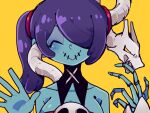  1girl bare_shoulders blue_skin breasts closed_eyes closed_mouth colored_skin commentary detached_collar facing_viewer hair_over_one_eye leviathan_(skullgirls) medium_breasts medium_hair purple_hair sheep_(ss-she-ep) side_ponytail simple_background skeletal_hand skull skullgirls smile solo squigly_(skullgirls) stitched_mouth stitches upper_body waving yellow_background zombie 