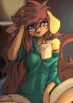  2022 anthro apogee_(tinygaypirate) arm_tuft black_nose blurred_background breasts brown_body brown_eyes brown_fur brown_hair canid canine canis cleavage clothed clothing cowlick domestic_dog ear_piercing elbow_tuft eyebrow_through_hair eyebrows eyelashes facial_markings facial_piercing female floppy_ears fur furgonomics furry-specific_piercing hair hair_over_eye hand_between_legs hand_on_head head_markings hi_res long_hair looking_at_viewer mammal markings messy_hair mottled mottled_nose muzzle_piercing nose_piercing off_shoulder one_eye_obstructed piercing pink_nose raised_arm raised_eyebrow shirt sitting slim smile solo spitz tinygaypirate topwear translucent translucent_hair tuft wrist_tuft 