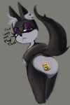  2022 annoyed anthro artemisia_(dollstaff) black_body black_fur dialogue english_text eyelashes female festeringfungus frown fur hi_res inner_ear_fluff post-it_note purple_eyes simple_background solo spiral_eyes text tuft unknown_species white_body white_fur 