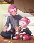  1boy 1girl aged_down black_shirt brother_and_sister crossed_legs fire_emblem fire_emblem:_three_houses fire_emblem_warriors:_three_hopes hair_ribbon headpat highres hilda_valentine_goneril holding holding_stuffed_toy holst_sigiswald_goneril looking_at_another luiana_drawers miran_(olivine_20) on_floor parted_lips pink_eyes pink_hair pink_skirt ribbon shirt short_twintails siblings sitting skirt smile spiked_hair stuffed_animal stuffed_deer stuffed_toy twintails 