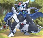  1girl android black_panties black_thighhighs blue_bow blue_cape blue_eyes bow braid breasts cameltoe cape character_request colored_sclera copyright_request covered_nipples crop_top day dual_wielding forest green_sclera grey_hair gundam hair_bow helmet holding holding_sword holding_weapon huge_breasts impossible_clothes joints looking_at_viewer micro_panties nature navel no_mouth outdoors panties plump pochincoff robot robot_joints sd_gundam solo squatting sword thighhighs underwear weapon 