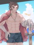  1boy abs bandaged_arm bandages beach brown_eyes brown_hair closed_mouth cloud collarbone foreshortening hand_on_hip highres holding holding_weapon jacket jacket_on_shoulders justice_gakuen kendo looking_at_viewer male_focus muscular muscular_male nekketsu_hayato no_shirt o9mtr pectorals red_jacket shinai shorts sideburns skyline spiked_hair sweat sword thick_eyebrows track_jacket weapon whistle 