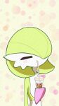  1girl =_= arms_at_sides bangs blush bob_cut bubble_tea bubble_tea_challenge closed_eyes closed_mouth colored_skin commentary_request cup disposable_cup drink drinking drinking_straw flat_chest gardevoir green_hair green_skin hair_over_one_eye happy highres light_blush multicolored_skin one_eye_covered outline pokemon pokemon_(creature) short_hair solo two-tone_skin upper_body white_skin yellow_background yuri_(pixiv_76483886) 