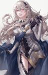  1girl absurdres armor bangs blush breasts cape corrin_(fire_emblem) corrin_(fire_emblem)_(female) fire_emblem fire_emblem_fates fire_emblem_heroes gloves hair_between_eyes hairband highres juliet_sleeves long_hair long_sleeves looking_at_viewer open_mouth pointy_ears puffy_sleeves red_eyes smile sobasakuhin solo thighs wavy_hair white_hair 