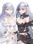  2girls azur_lane black_bridal_gauntlets black_dress black_vs_white blue_eyes blue_gemstone breast_press breasts bridal_gauntlets chromatic_aberration cleavage contrast detached_collar dress dual_persona earrings ebino_mayo emden_(azur_lane) flower flower_over_eye from_side gem gloves jewelry large_breasts lock looking_at_viewer looking_to_the_side multiple_girls padlock padlocked_collar red_eyes red_flower red_gemstone red_rose rose simple_background standing symmetrical_docking torn_clothes torn_gloves white_background white_dress white_flower white_hair white_rose 