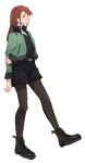  1girl ankle_boots arms_behind_back belt black_footwear black_shirt black_shorts boots brown_belt brown_pantyhose from_side full_body gochiwa green_eyes green_jacket hair_ornament hairclip highres jacket long_hair looking_at_viewer one-hour_drawing_challenge open_clothes open_jacket original pantyhose parted_lips profile red_hair shirt short_shorts shorts sideways_glance simple_background solo white_background 