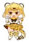  1girl animal_ears animal_print bangs bare_shoulders belt black_bow blonde_hair bow bowtie breasts chibi dress elbow_gloves full_body fur_collar gloves jaguar_(kemono_friends) jaguar_ears jaguar_print jaguar_tail kemono_friends leopard_print looking_at_viewer mota multicolored_hair open_mouth pleated_skirt short_hair simple_background skirt smile solo tail thighhighs white_background yellow_eyes zettai_ryouiki 