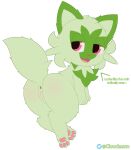  absurd_res butt cloudeon female feral generation_9_pokemon genitals green_body hi_res looking_at_viewer nintendo pokemon pokemon_(species) pussy simple_background solo sprigatito video_games white_background 